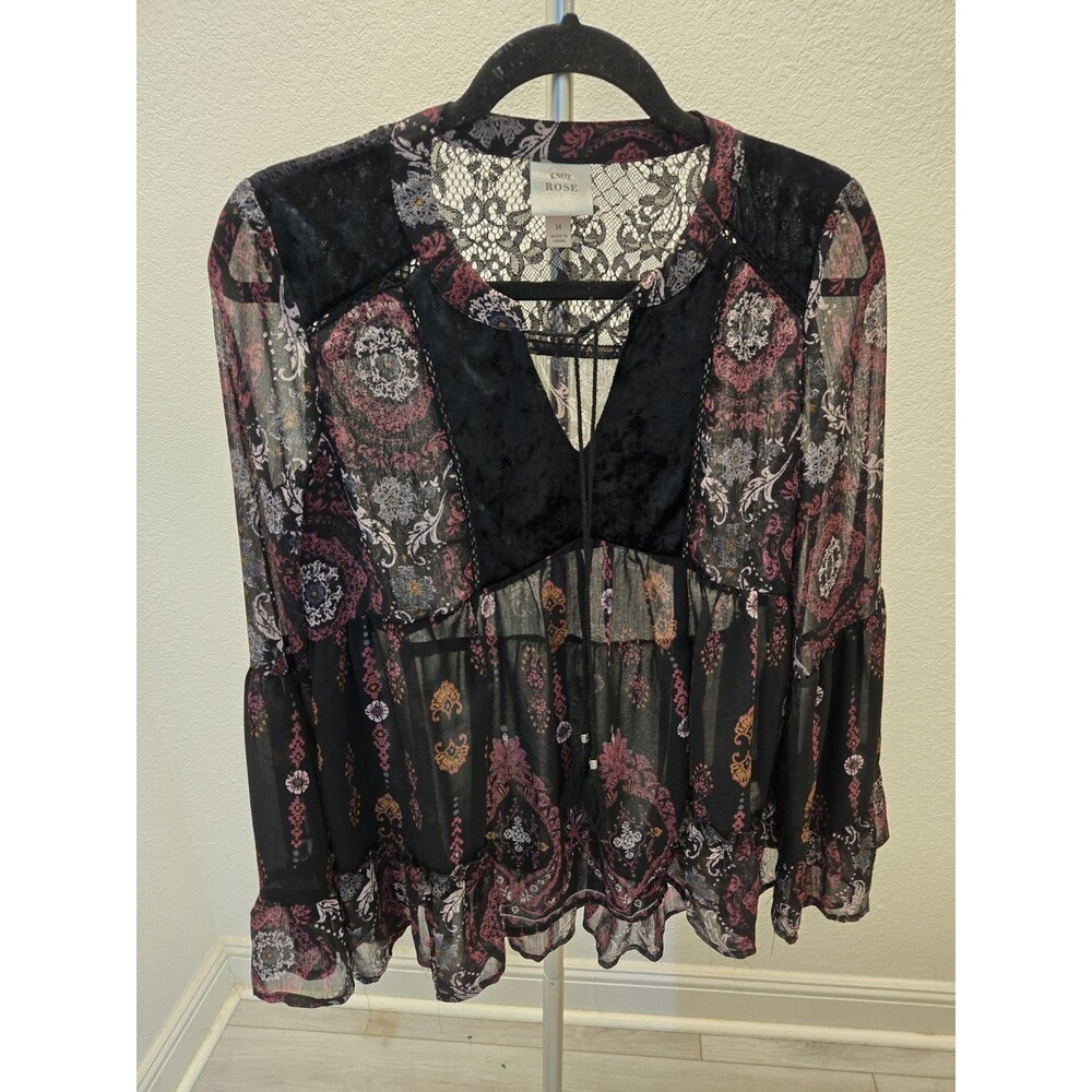 Knox Rose Sheer Paisley Lace Velvet Accent Boho Tunic Blouse Black Pink Women M
